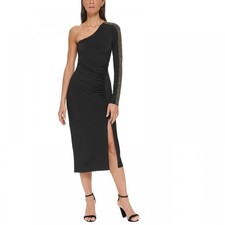 Guess Women's Midi Bodycon Dress Asymmetric Solid Long Sleeve  Beaded A2612