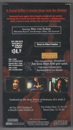 Sleepless (Factory Sealed Horror VHS Screener) Dario Argento / Max von Sydow - Picture 2 of 2