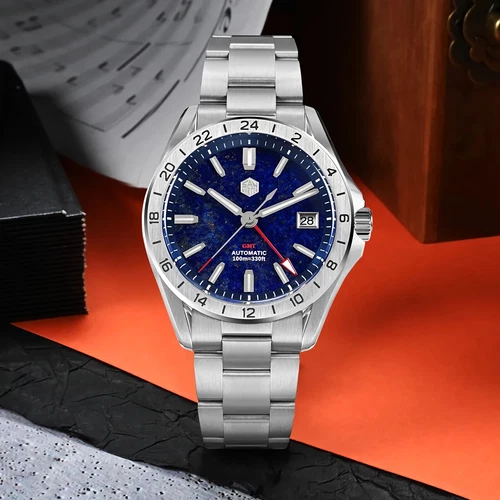 SAN MARTIN SN0129-G-B GMT Automatic Gemstone Dial Date Display 39mm 10ATM Watch - Picture 33 of 44