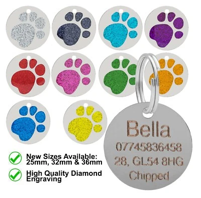 Dog Cat Pet ID Tag Glitter Collar ID Tags Personalised Engraved Round Paw Print