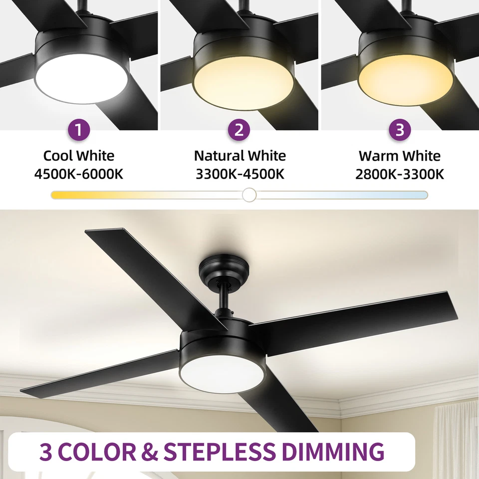 48'' Black Ceiling Fan with LED Lights and Remote Control 4 Blades Bedroom Fan - Image 3 of 4