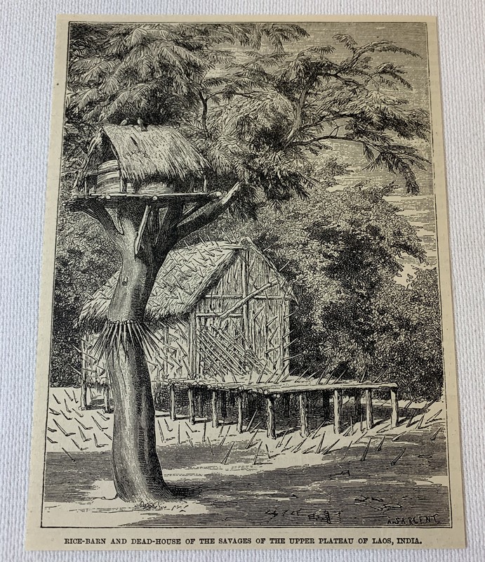 1885 magazine engraving~ RICE BARN AND DEAD HOUSE Laos, India