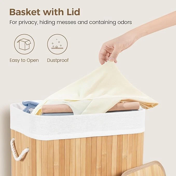 Cesta de Lavandería de Bambú con Tapa Cesta de Lavandería con Forro Extraíble 72L Natural Foto 4 de 4