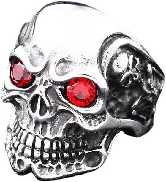 Gothic Men's Biker Skull Red Blue CZ Eye Punk Ring Stainless Steel US Size 7-13 - Image 3 of 4