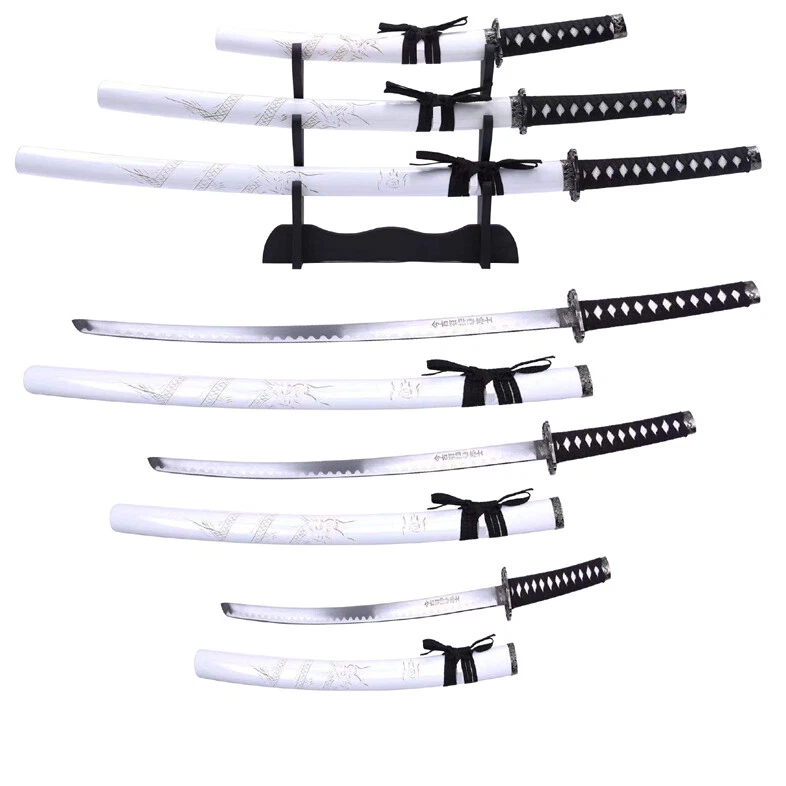 Juego de espadas Katana samurai japonesa de 3 piezas funda de madera grabada dragón con soporte Ni Foto 3 de 4