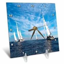 3drose Sail Boats Desk Clock, 6 by 6-Inch 6x6 Desk Clock
