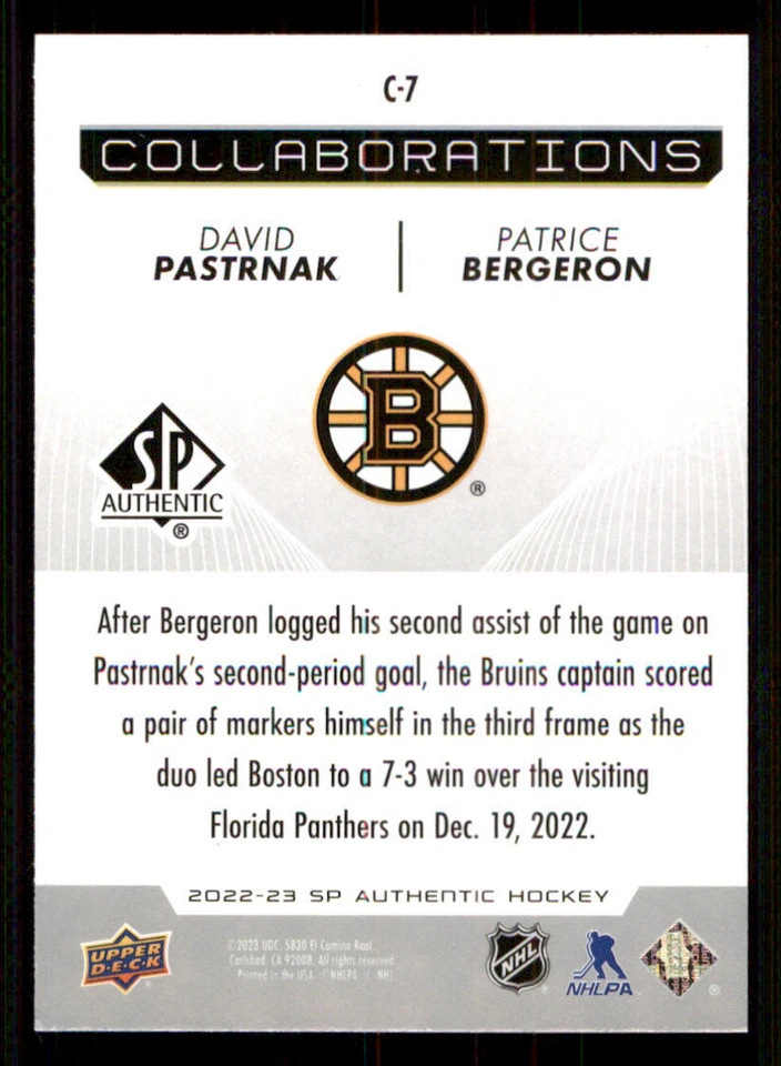 2022-23 SP Authentic Collaborations #C7 David Pastrnak/Patrice Bergeron - Image 2 of 2