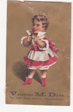 Valentine M Dunn Grocer Charlestown MA Girl in Red  White Dress Card c1880s