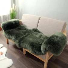 Natural Sheepskin Rug Real Wool Fur Area Rug Fluffy Lambskin Throw 2x6ft Green
