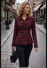 CAbi 3852 Snow Valley Double Breasted Peacoat Red Black Buffalo Check Plaid