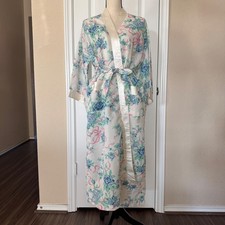 VTG Floral Bathrobe APPEL Union Made Satin Trim Pastel Color Pockets Sz Medium