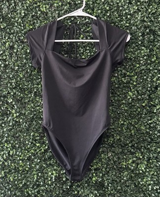 EUC TOP SHOP SQUARE NECK TIE BACK SHORT SLEEVE BODYSUIT SMALL BLACK