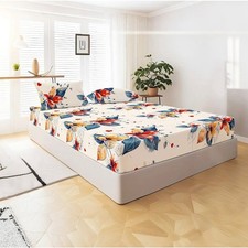 Royberry Queen Fitted Sheet Set 3pc Floral Deep Pocket Bedding Cream Orange Teal