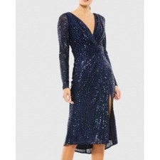 Ieena for Mac Duggal Navy Long Sleeve Sequin Midi Dress A26555 Midnight Size 2