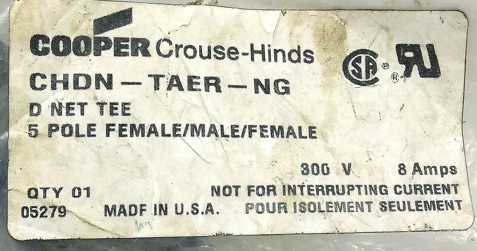 Crouse-Hinds CHDN-TAER-NG Devicenet 300 V 8 A 5-Pole Female/Male/Female Tee - Image 3 of 3