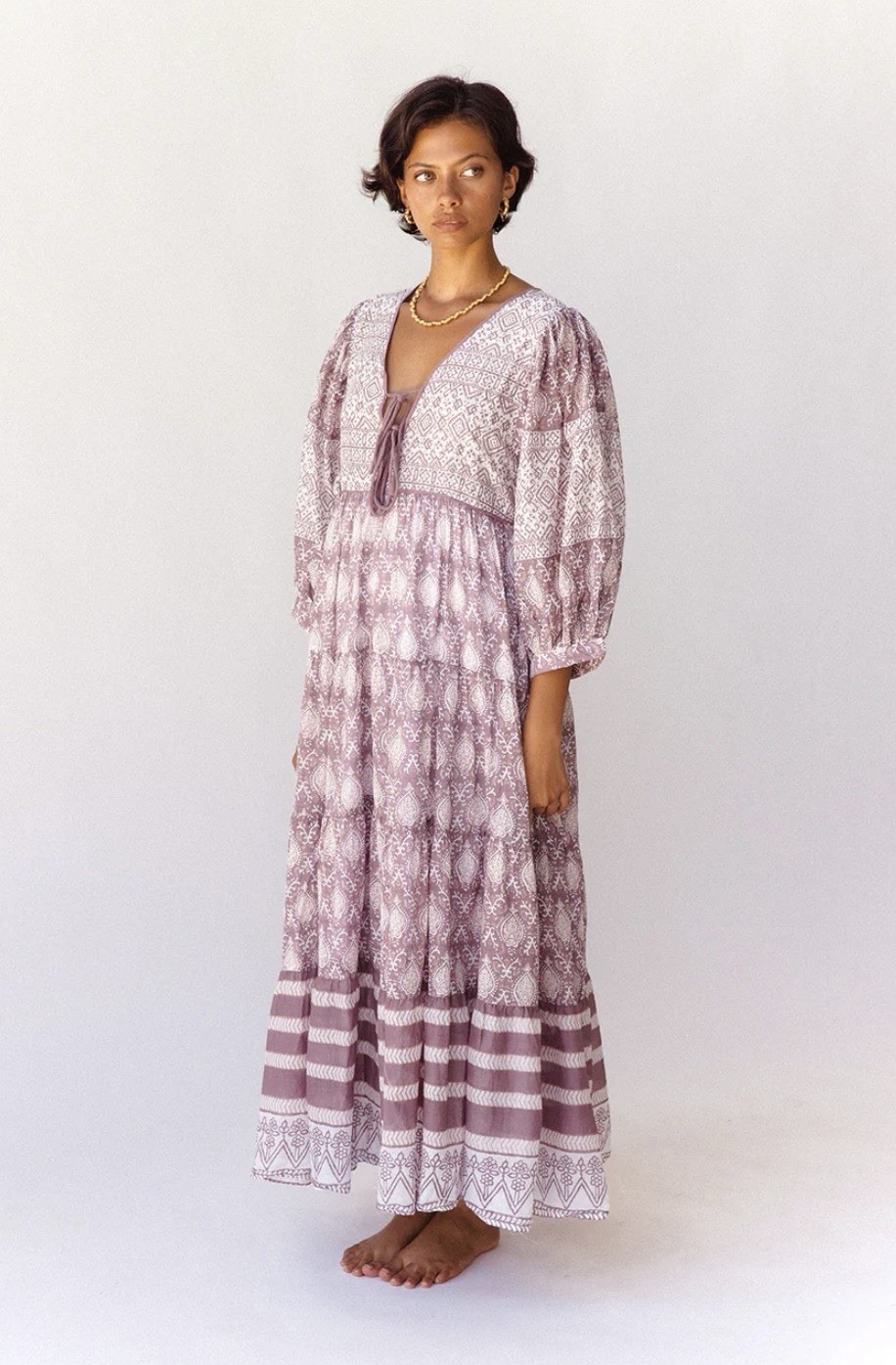 Daughters of India Floral Cotton Maxi Dress Purple Tie V-Neck Balloon Sleeve L