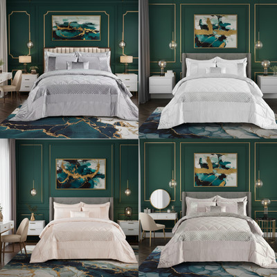 3tlg Gesteppte Samt Tagesdecke Set Luxus Geprägte Bettwäsche Double & King Size