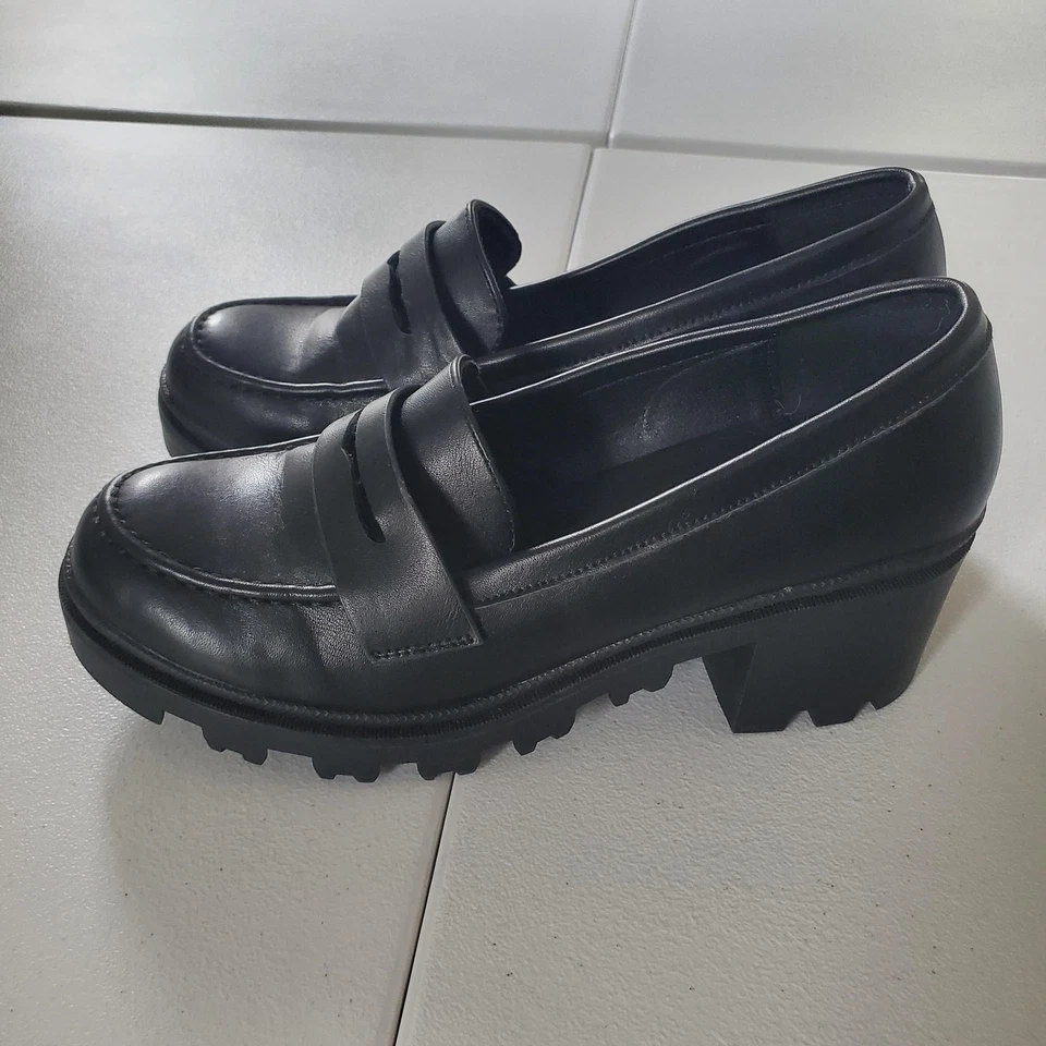 Mocasines Y2K Mudd para mujer talla 9 negros suela gruesa correa de centavo plataforma de tacón Foto 3 de 4