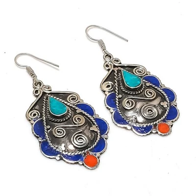 Boucles d'oreilles turquoise corail lapis lazuli bijoux tibétains vintage nép... - Photo 1/4