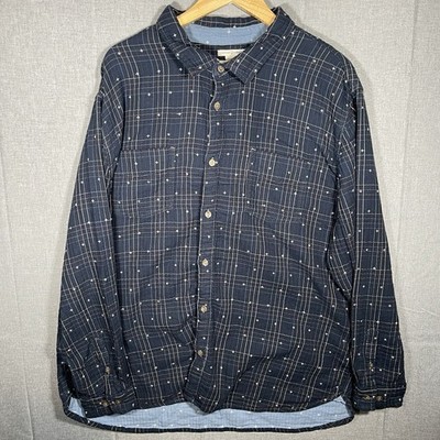 Carbon 2 Cobalt Men 2XL Navy Blue Embroidered Plaid Double Cloth Shirt Geometric