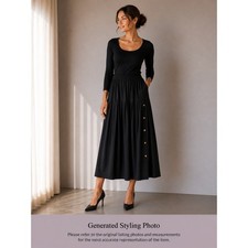 Vintage Michele Black Pleated Midi Skirt Gold Crest Buttons Made in USA Medium