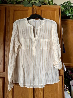 CARVE Designs Women s Dylan Gauze Shirt Long Sleeve Buttons Camel Stripe Large