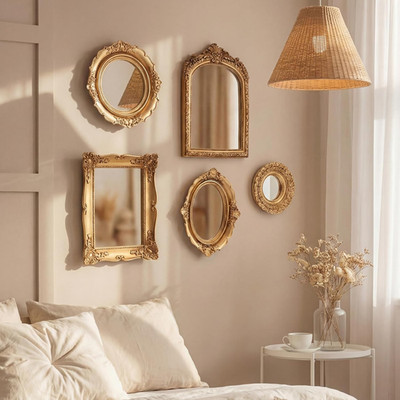 Vintage Gold Mirror Set - 5 Pcs Luxury Wall Decor for Living Room & Entryway