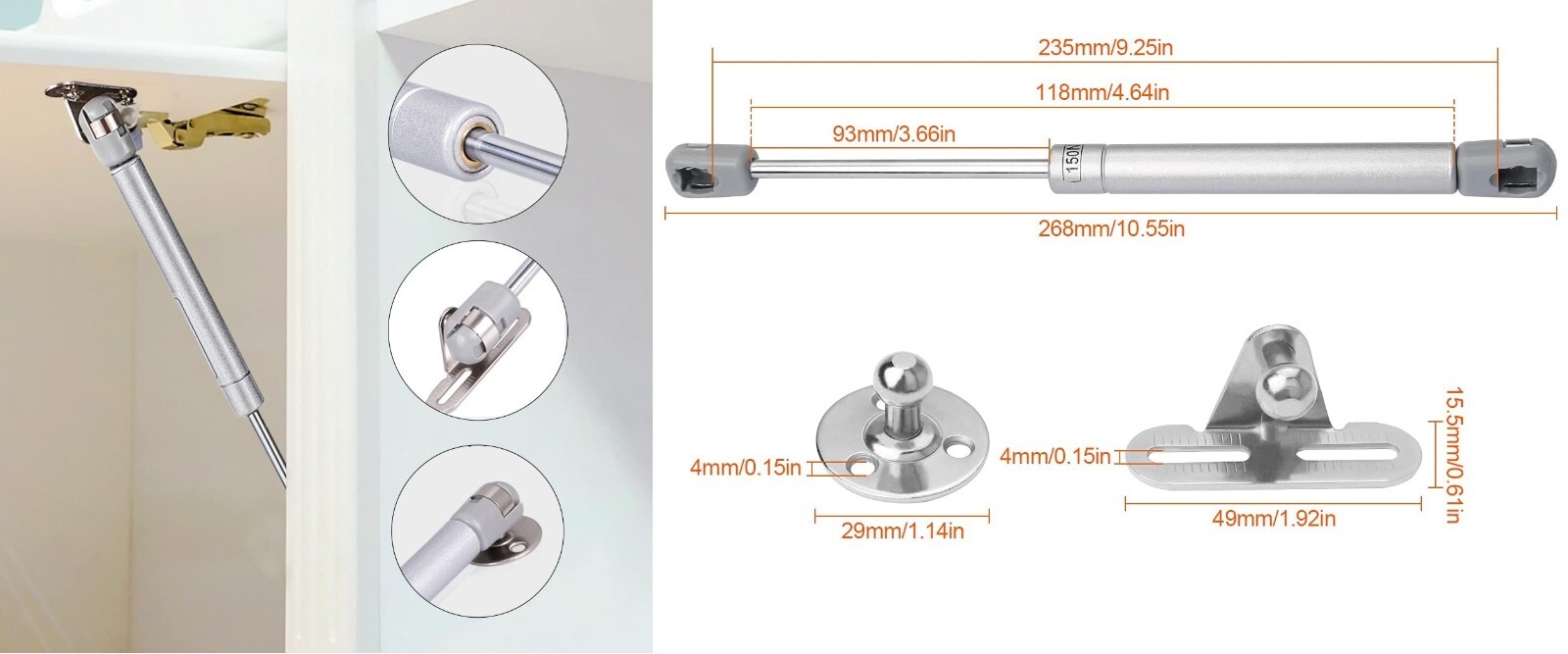2x gas lift strut soft close 60N spring kitchen hardware door