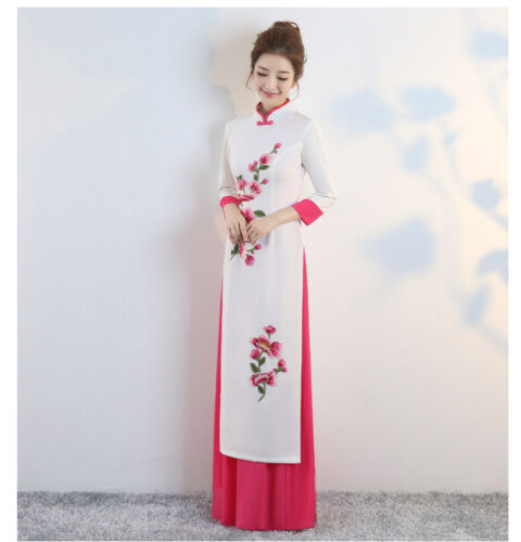 Womens Elegant Vietnamese Flower Embroidered Oriental Style Dress ...