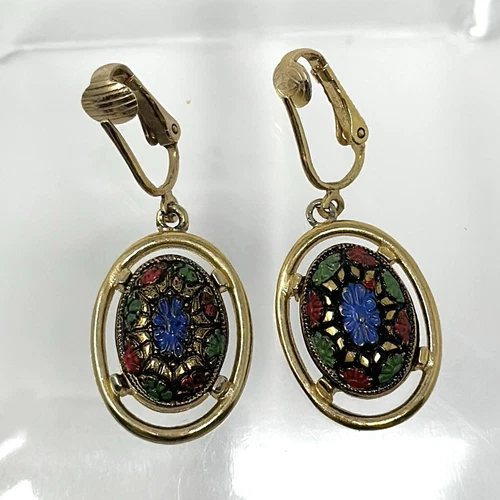 Vintage Gold Tone Sarah Coventry Mosaic Clip-on Earrings Green Blue Refurbished