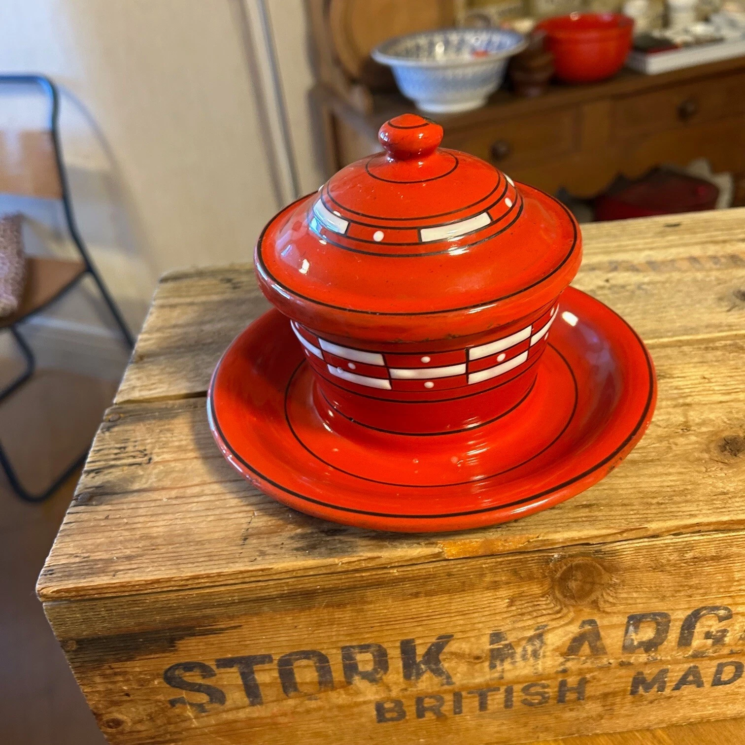 Vintage Red & White Patterned Enamel Lidded Round Butter Dish – Kitchenalia! – 1