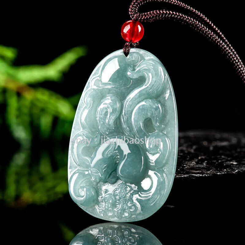 Certified Natural A Grade Jade Blue Water Hand carving Nine Tailed Fox Pendant