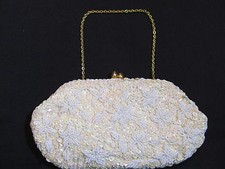 Vintage White Pearl Bead Sequin Evening Purse w/ Gold Chain Handle