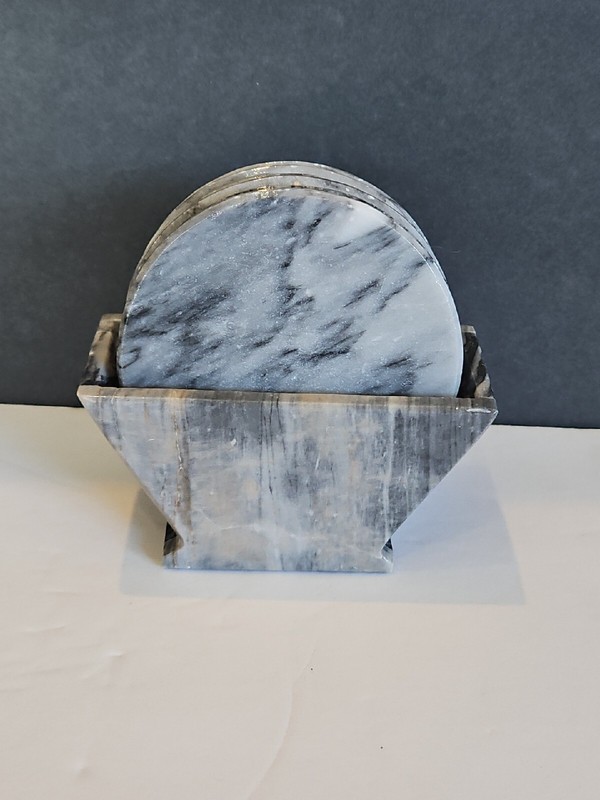 6 STUNNING ROUND MARBLE COASTERS WITH MATCHING MARBLE COASTER HOLDER EXCELLENT 