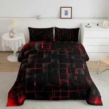 Geometric Grid Comforter Set Size, Red and Black Checkered Queen Abstract 01