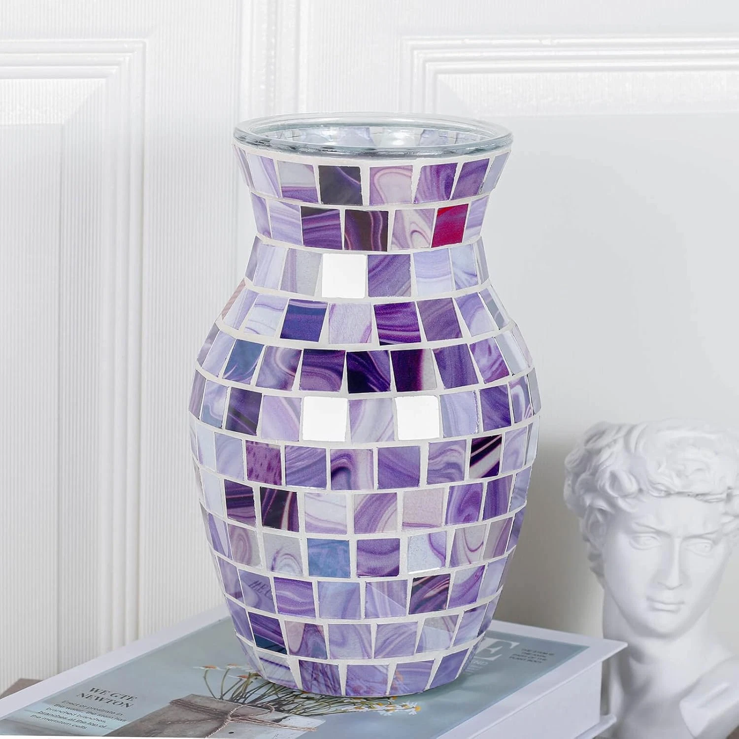 Purple Mosaic Glass Vase for Flowers, 8 Inch Decorative Flower Vase for Home Dec