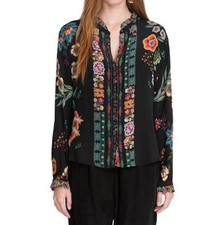 Johnny Was 100 Silk Black Floral Pamela Blouse Size S Boho Button Front Multi