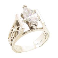 925 Sterling Silver Vintage Ring Marquise Cut CZ Floral Cutout Sz 7 RG35131