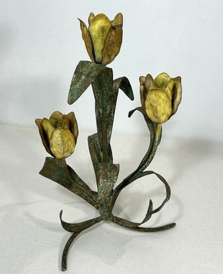 Vintage Italian Painted Tole Metal Tulip Flower Sculpture Candleholder Yellow