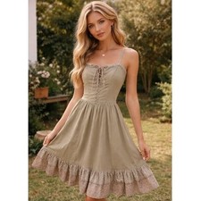 Vtg Floral Prairie Midi Dress S Tan Brown Milkmaid Lace Up Bodice Corset 70s