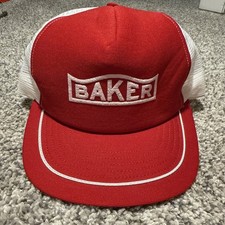 Vintage Baker Spell-out Snapback Trucker baseball Hat Made in USA Red and White