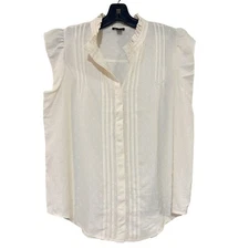 Ann Taylor Swiss Dot Cream Boxy Blouse Mandarin Collar Button - Size M