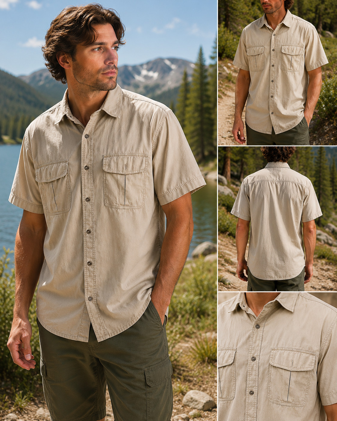 Cabela’s Men Kaki Safari Fishing Shirt Short Sleeve Utility Outdoor Button Up XL