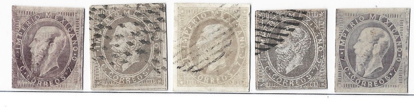 LOT OF FIVE - 1866 Mexico, Emperor Maximilian, .07 Cent Stamps