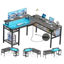  L Shaped Computer Desk with Magic Power Outlets and L Shaped Desk Black Oak