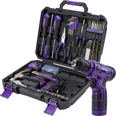 CARTMAN 150 Piece Tool Set, Tool Set with 8V Purple Cordless Drill