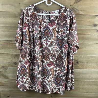 DR2 Womens Shirt Short Sleeve Floral Paisley Round Neck Boho Peasant Blouse 3X