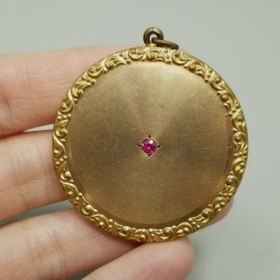 Antique Large Round Gold Filled Photo Locket Pink Paste Stone RBM Atrice 1874