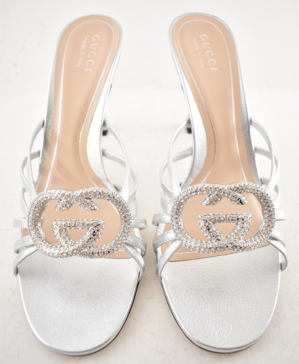 Gucci Interlocking G 85mm Silver Leather Crystal GG Logo Heel Mule