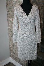 Lauren Ralph Lauren Womens Black White Faux Wrap Long Sleeve Ruched Dress SZ 4